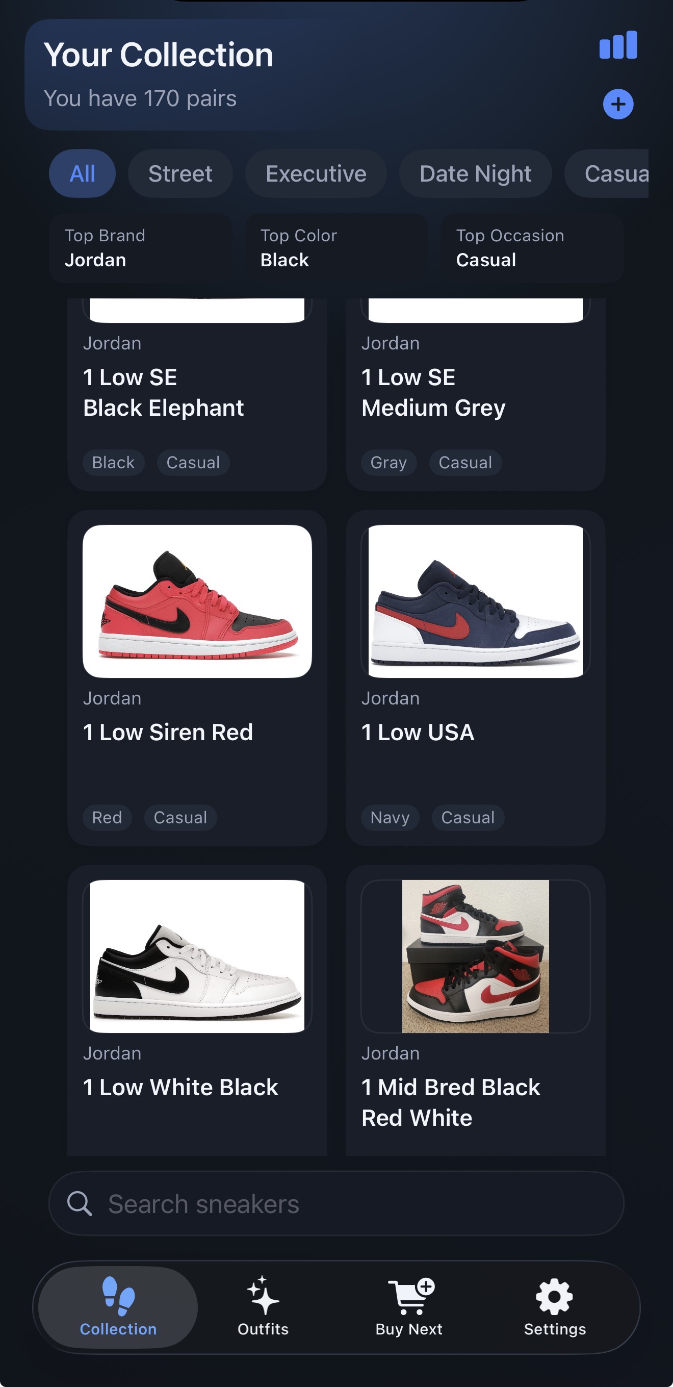Solely collection screen in dark mode